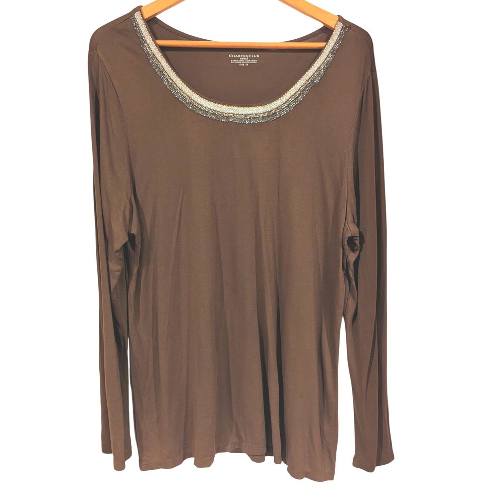 Charter Club Woman Brown‎ Long Sleeve Beaded Neckline Top Plus Size 1X